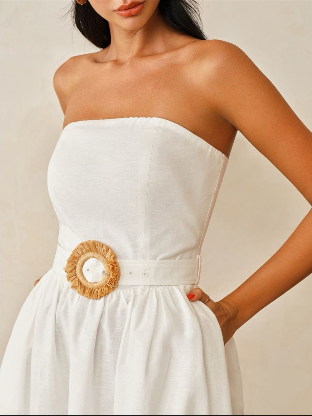 Strapless White Midi Dress with Statement Belt - Picture 4 of 5